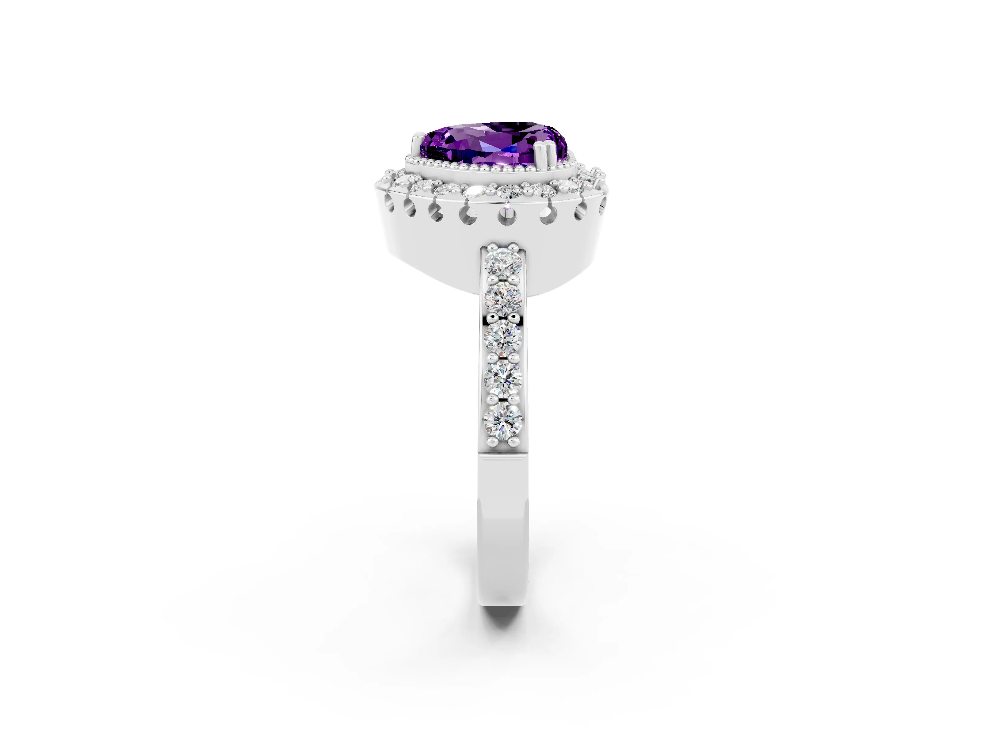 White gold Heart Cut Diamond Halo Ring with Pavé Band and Prong Setting_2