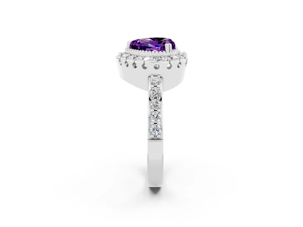 Silver Heart Cut Amethyst Halo Ring with Pavé Band and Prong Setting