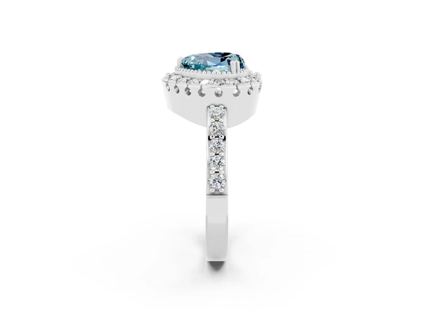Platinum Heart Cut Aquamarine Halo Ring with Pavé Band and Prong Setting