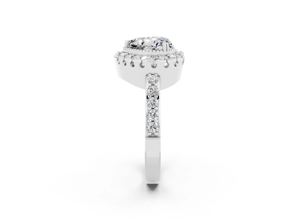 Silver Heart Cut Moissanite Halo Ring with Pavé Band and Prong Setting