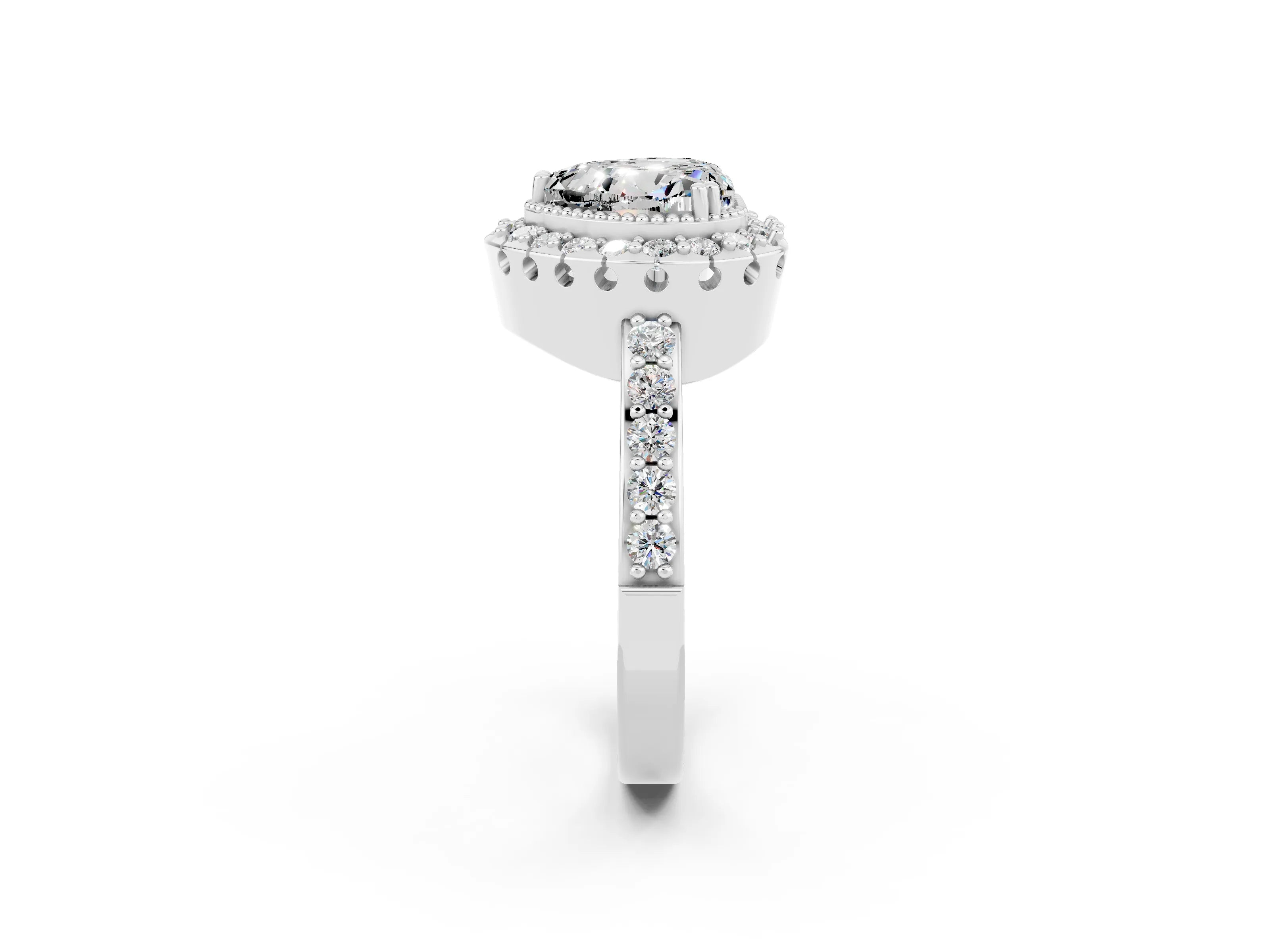 White gold Heart Cut Diamond Halo Ring with Pavé Band and Prong Setting_2