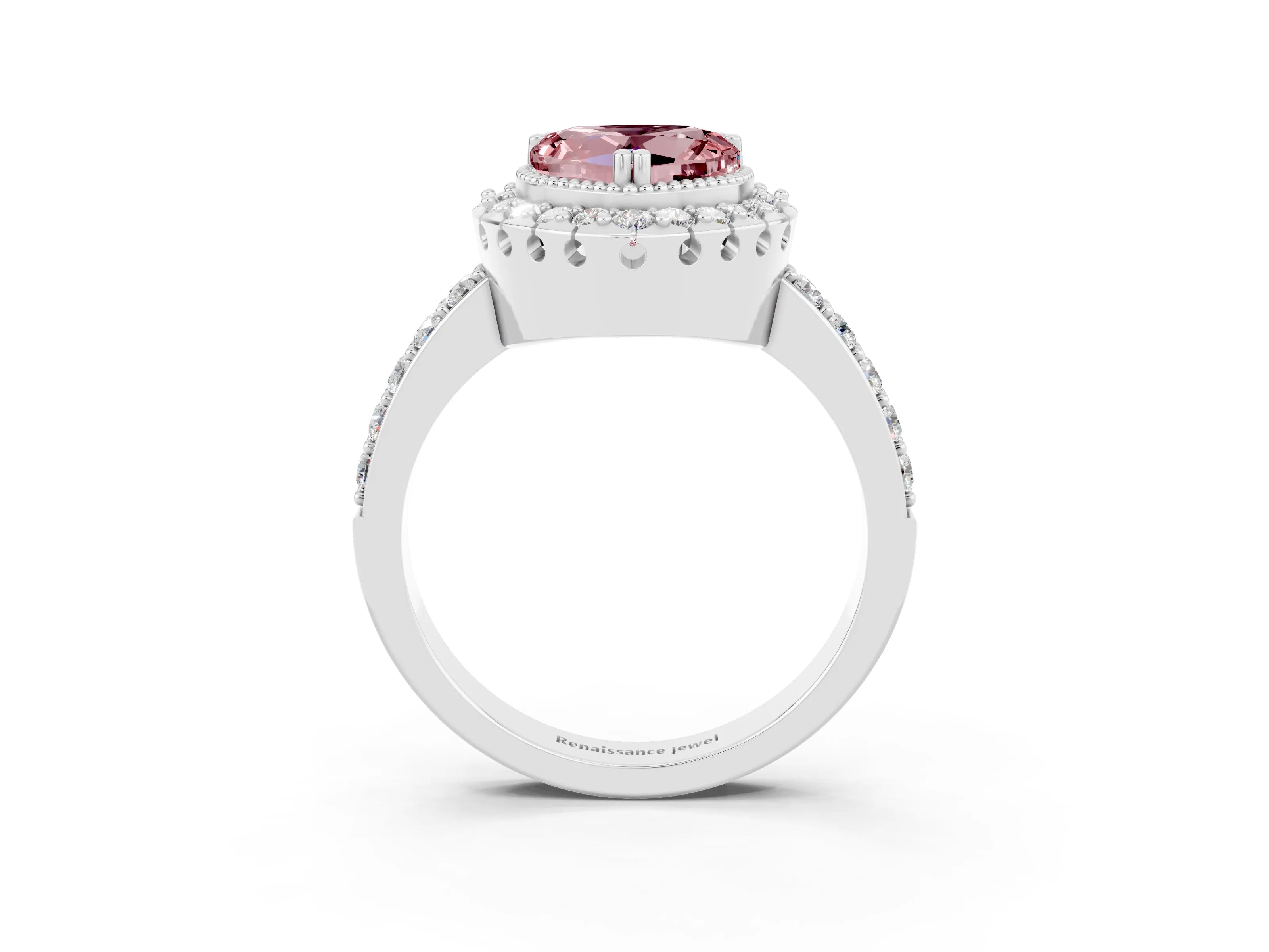 White gold Heart Cut Diamond Halo Ring with Pavé Band and Prong Setting_3