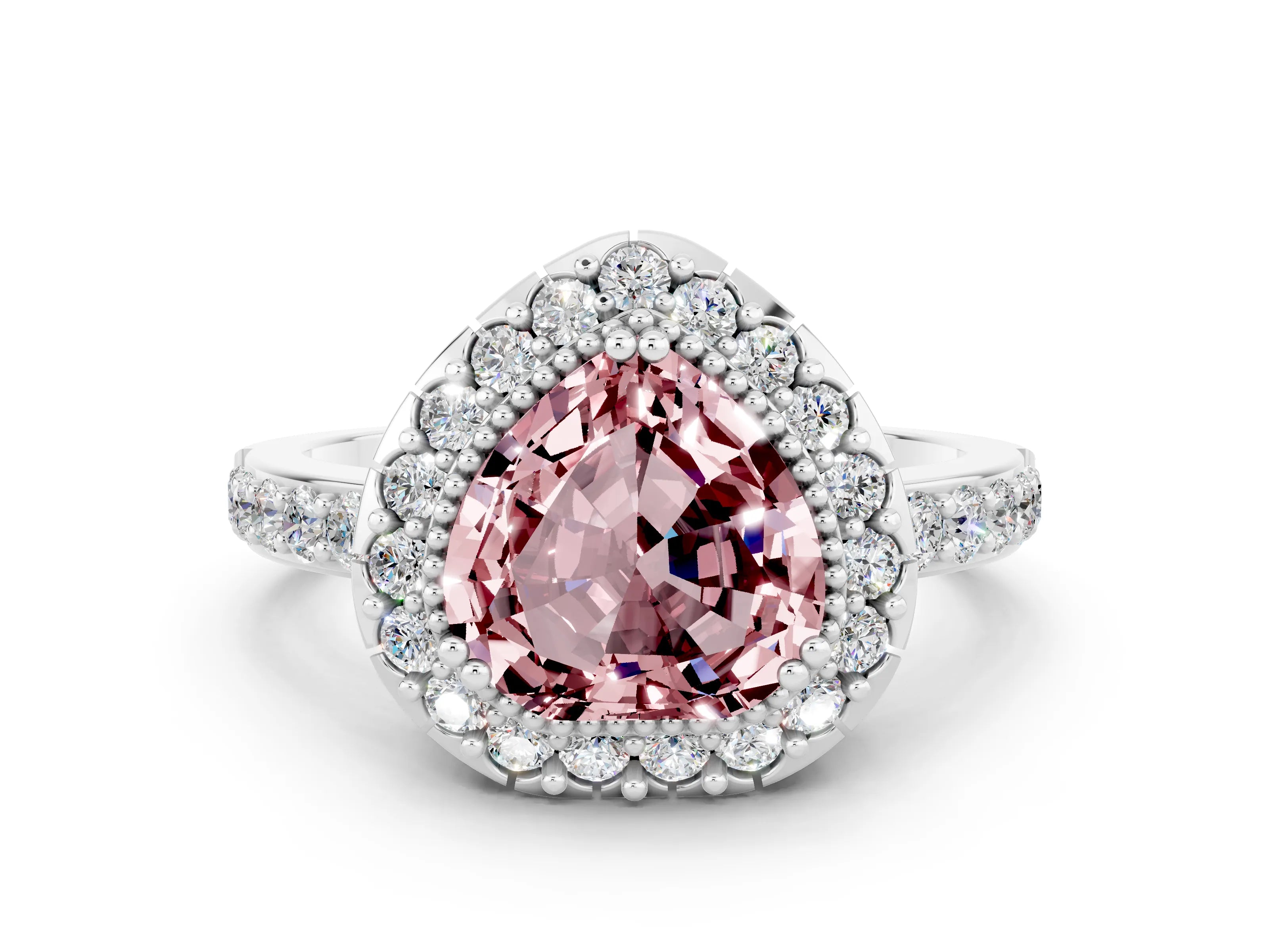 White gold Heart Cut Diamond Halo Ring with Pavé Band and Prong Setting