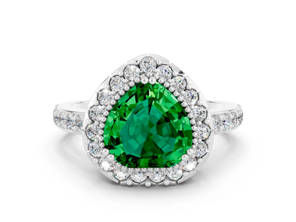 Platinum Heart Cut Emerald Halo Ring with Pavé Band and Prong Setting