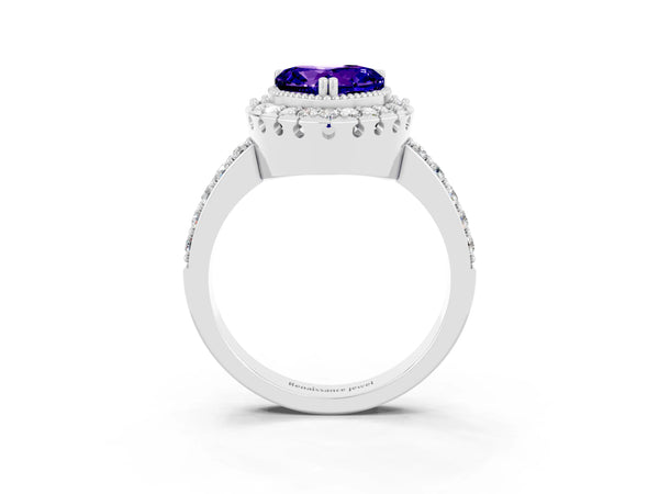 Platinum Heart Cut Tanzanite Halo Ring with Pavé Band and Prong Setting