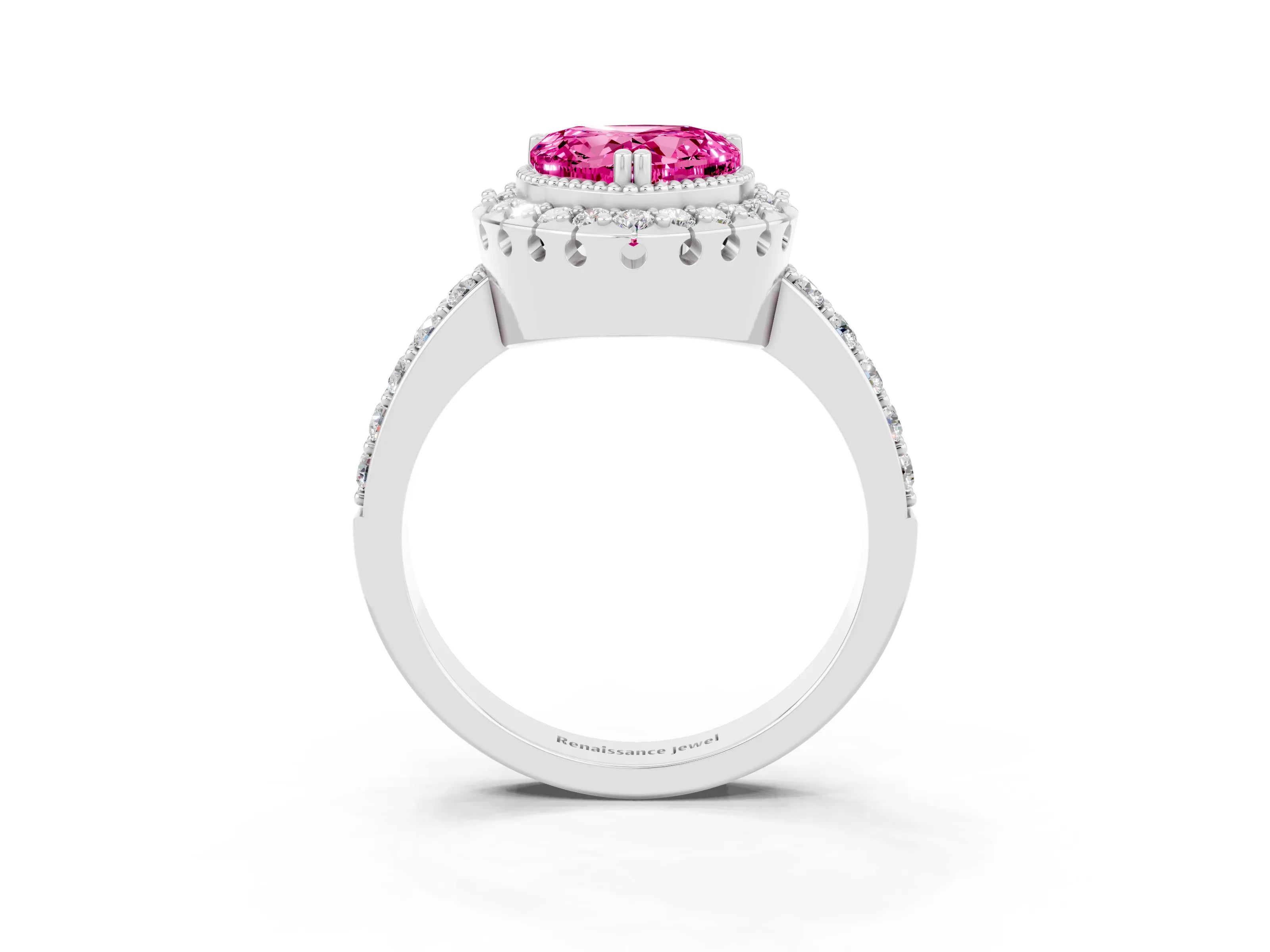 White gold Heart Cut Diamond Halo Ring with Pavé Band and Prong Setting_3