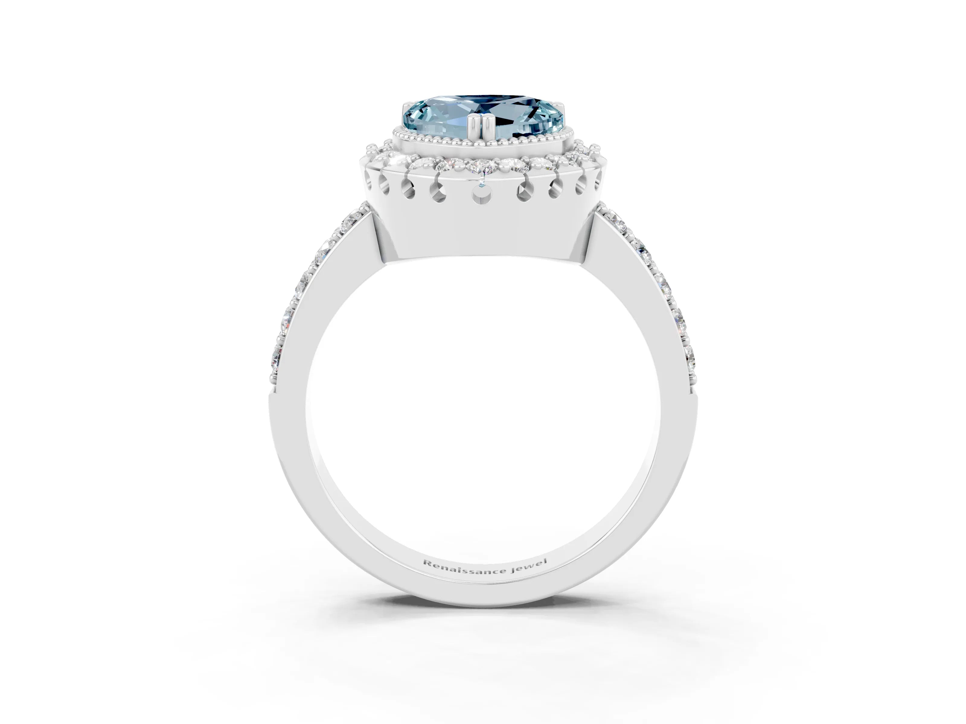 White gold Heart Cut Diamond Halo Ring with Pavé Band and Prong Setting_3