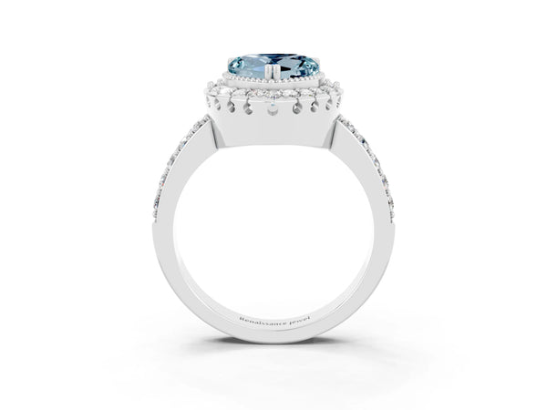 Platinum Heart Cut Aquamarine Halo Ring with Pavé Band and Prong Setting