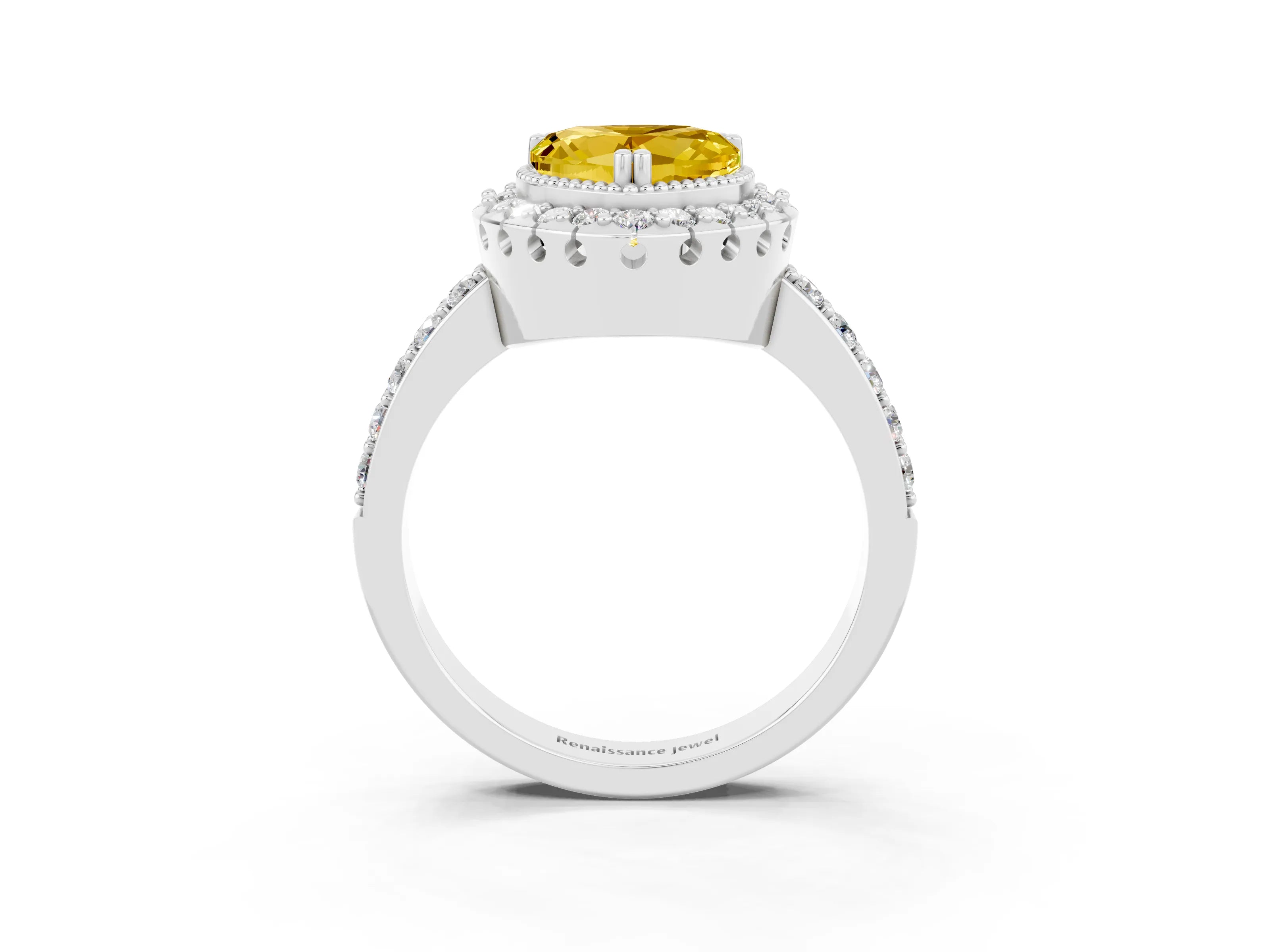 White gold Heart Cut Diamond Halo Ring with Pavé Band and Prong Setting_3
