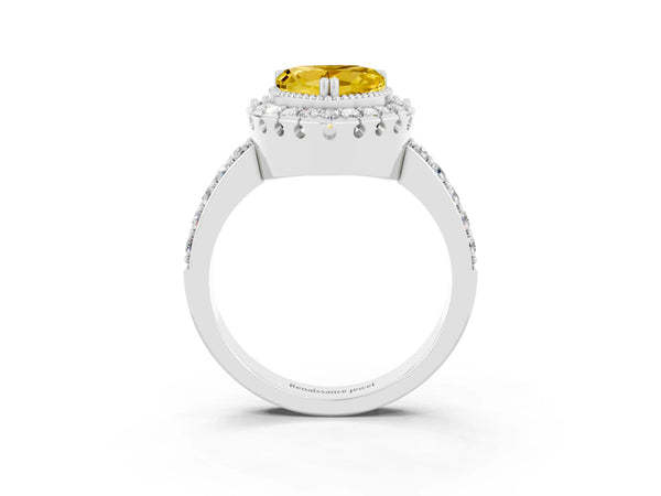 Silver Heart Cut Yellow Sapphire Halo Ring with Pavé Band and Prong Setting
