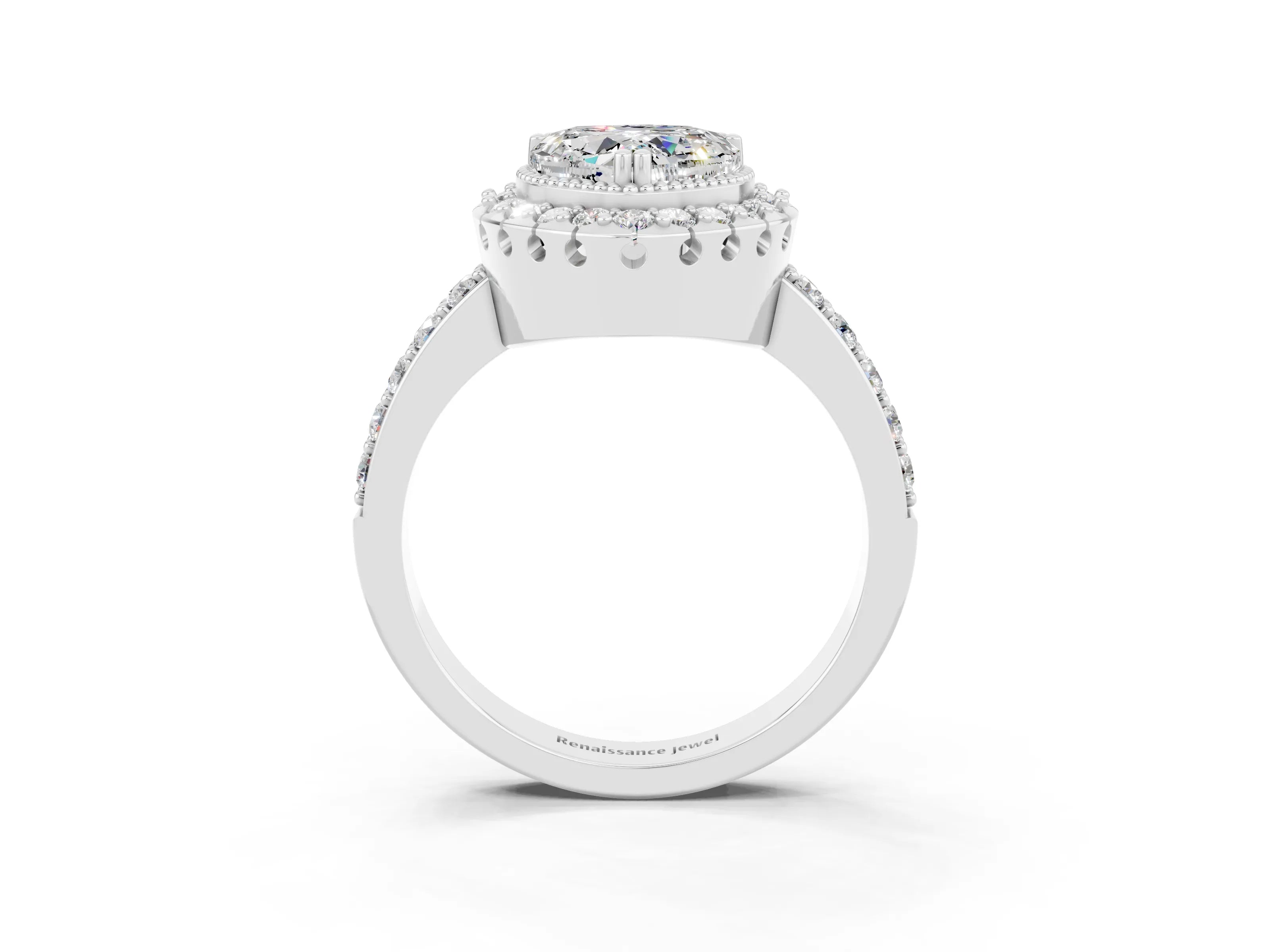 White gold Heart Cut Diamond Halo Ring with Pavé Band and Prong Setting_3