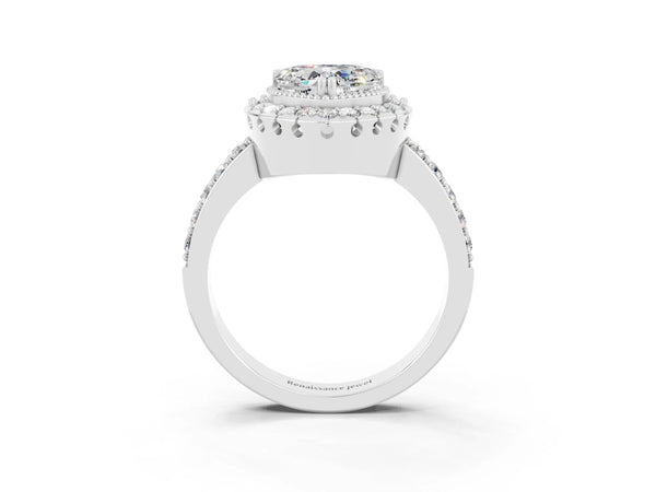 Platinum Heart Cut Moissanite Halo Ring with Pavé Band and Prong Setting