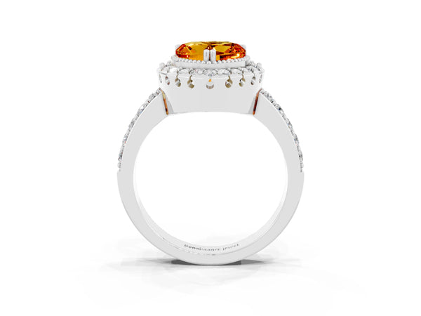 Silver Heart Cut Citrine Halo Ring with Pavé Band and Prong Setting