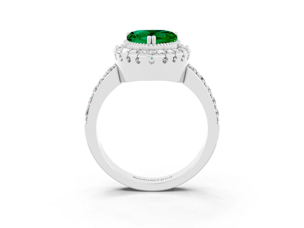 Platinum Heart Cut Emerald Halo Ring with Pavé Band and Prong Setting