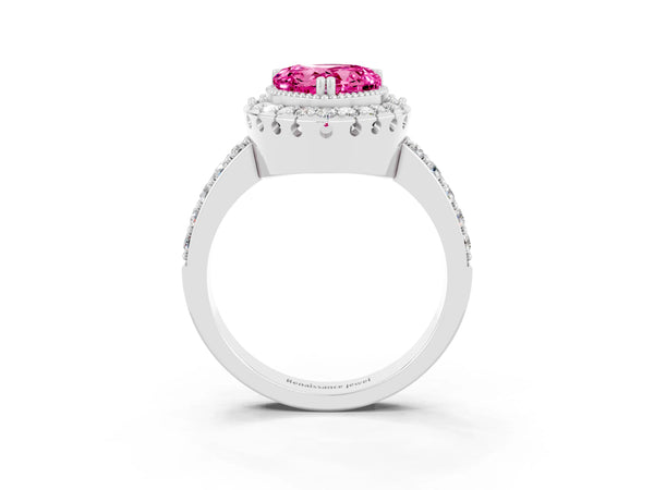 White gold Heart Cut Pink Sapphire Halo Ring with Pavé Band and Prong Setting