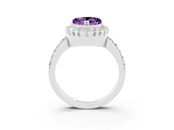 Silver Heart Cut Amethyst Halo Ring with Pavé Band and Prong Setting