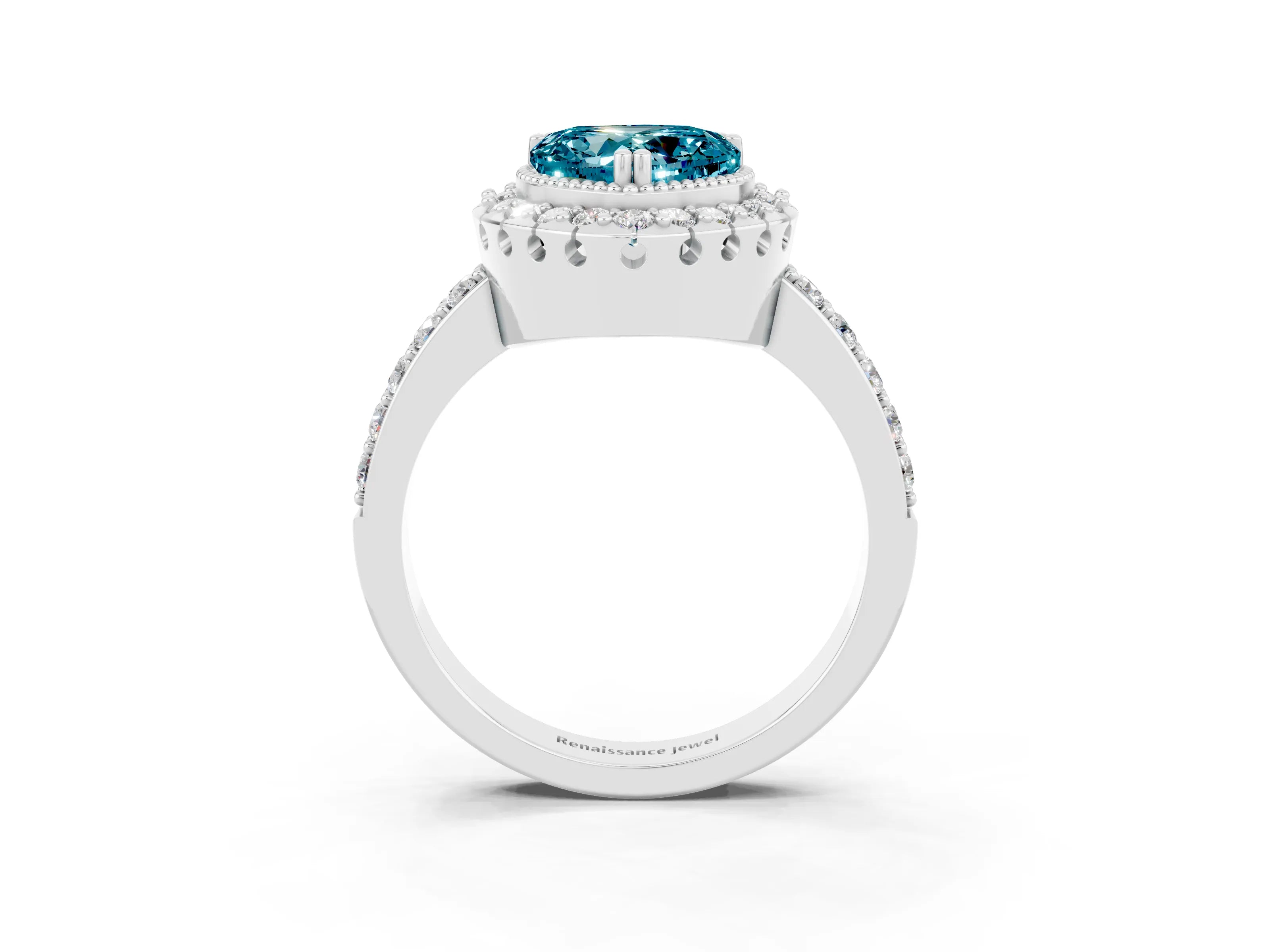 White gold Heart Cut Diamond Halo Ring with Pavé Band and Prong Setting_3