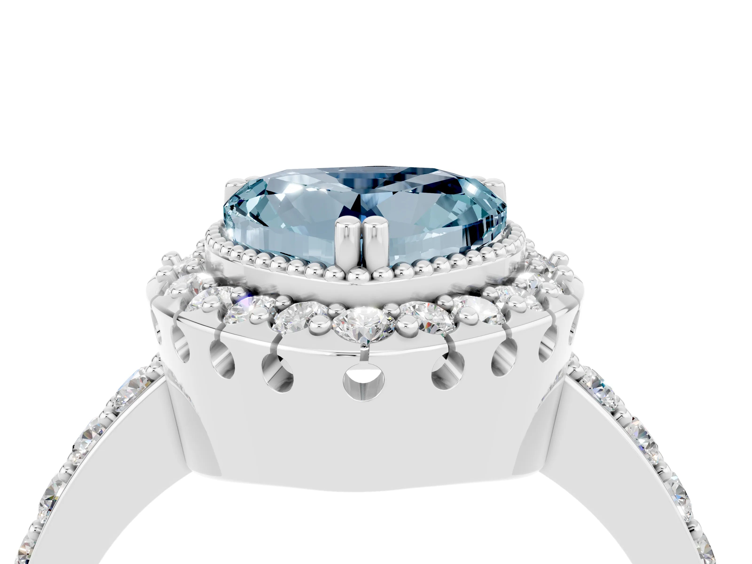 White gold Heart Cut Diamond Halo Ring with Pavé Band and Prong Setting_4