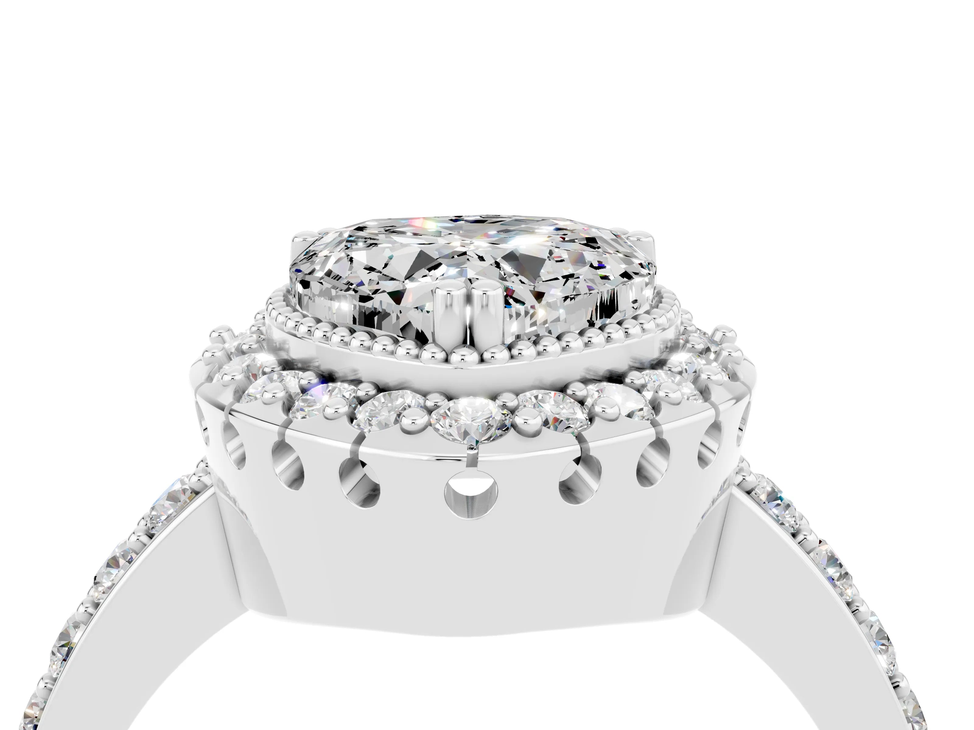 White gold Heart Cut Diamond Halo Ring with Pavé Band and Prong Setting_4