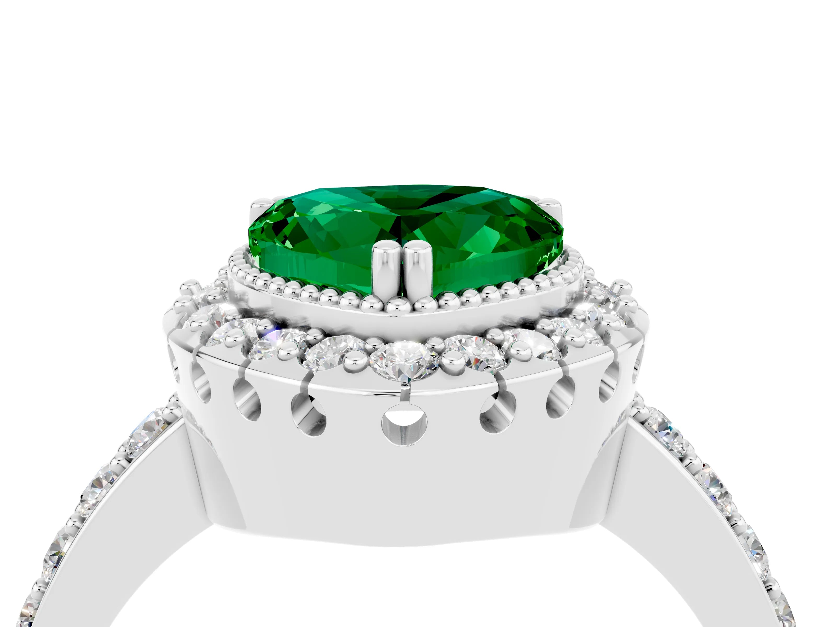 White gold Heart Cut Diamond Halo Ring with Pavé Band and Prong Setting_4