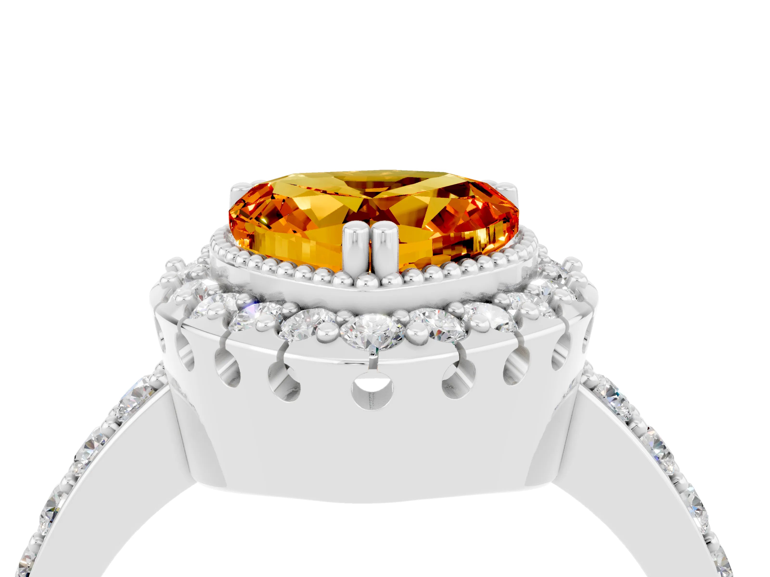 White gold Heart Cut Diamond Halo Ring with Pavé Band and Prong Setting_4