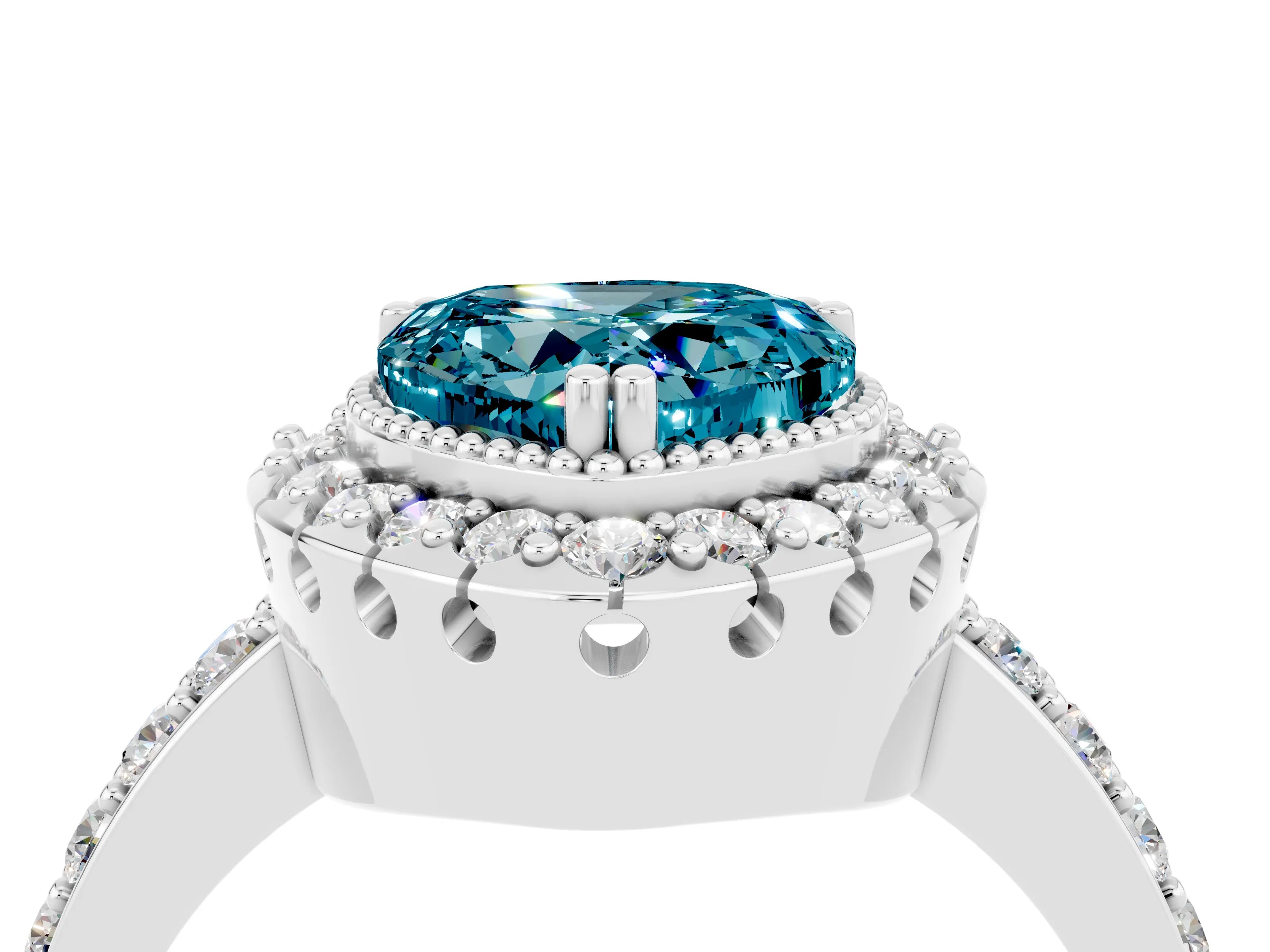 White gold Heart Cut Diamond Halo Ring with Pavé Band and Prong Setting_4