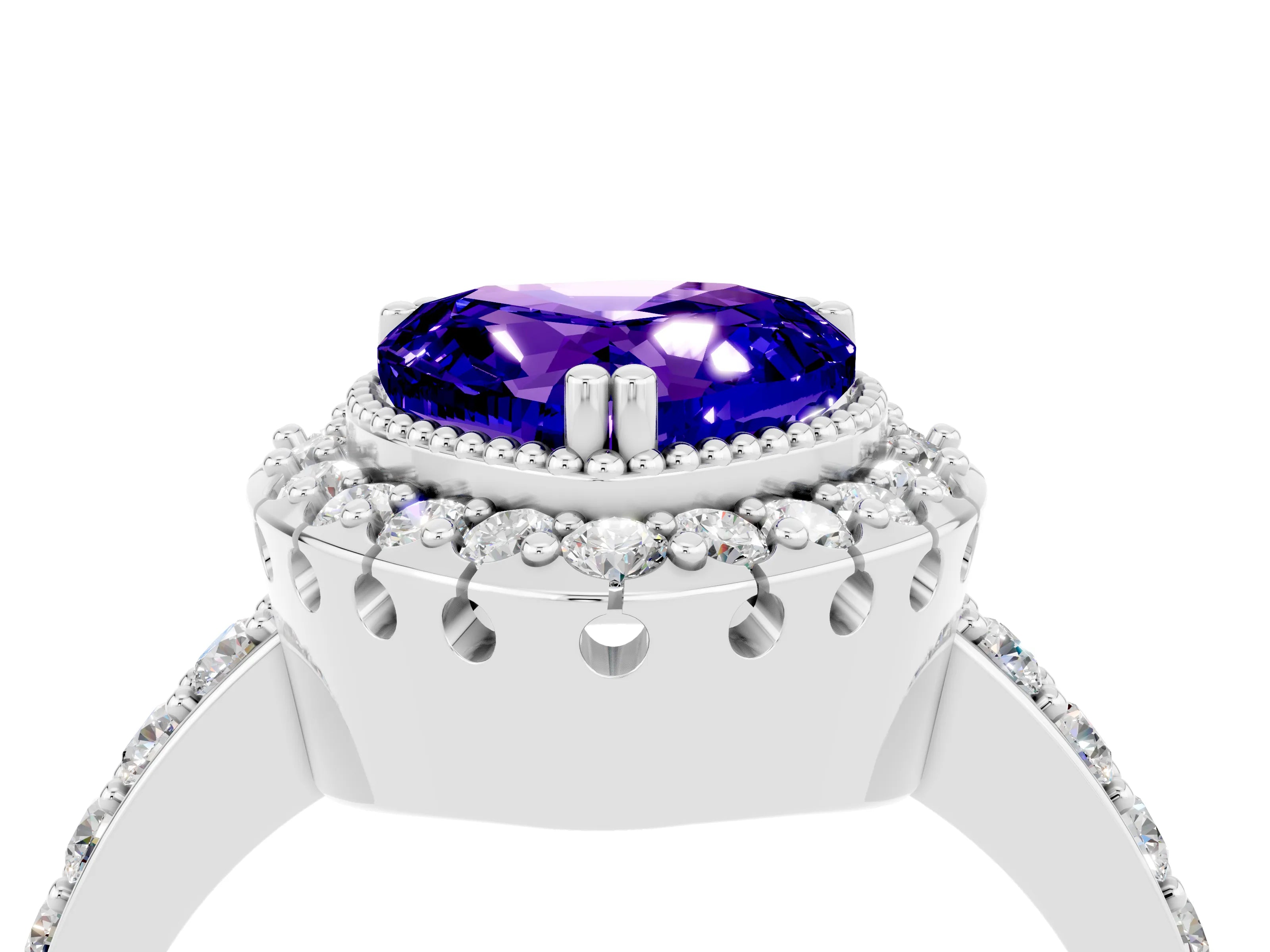 White gold Heart Cut Diamond Halo Ring with Pavé Band and Prong Setting_4