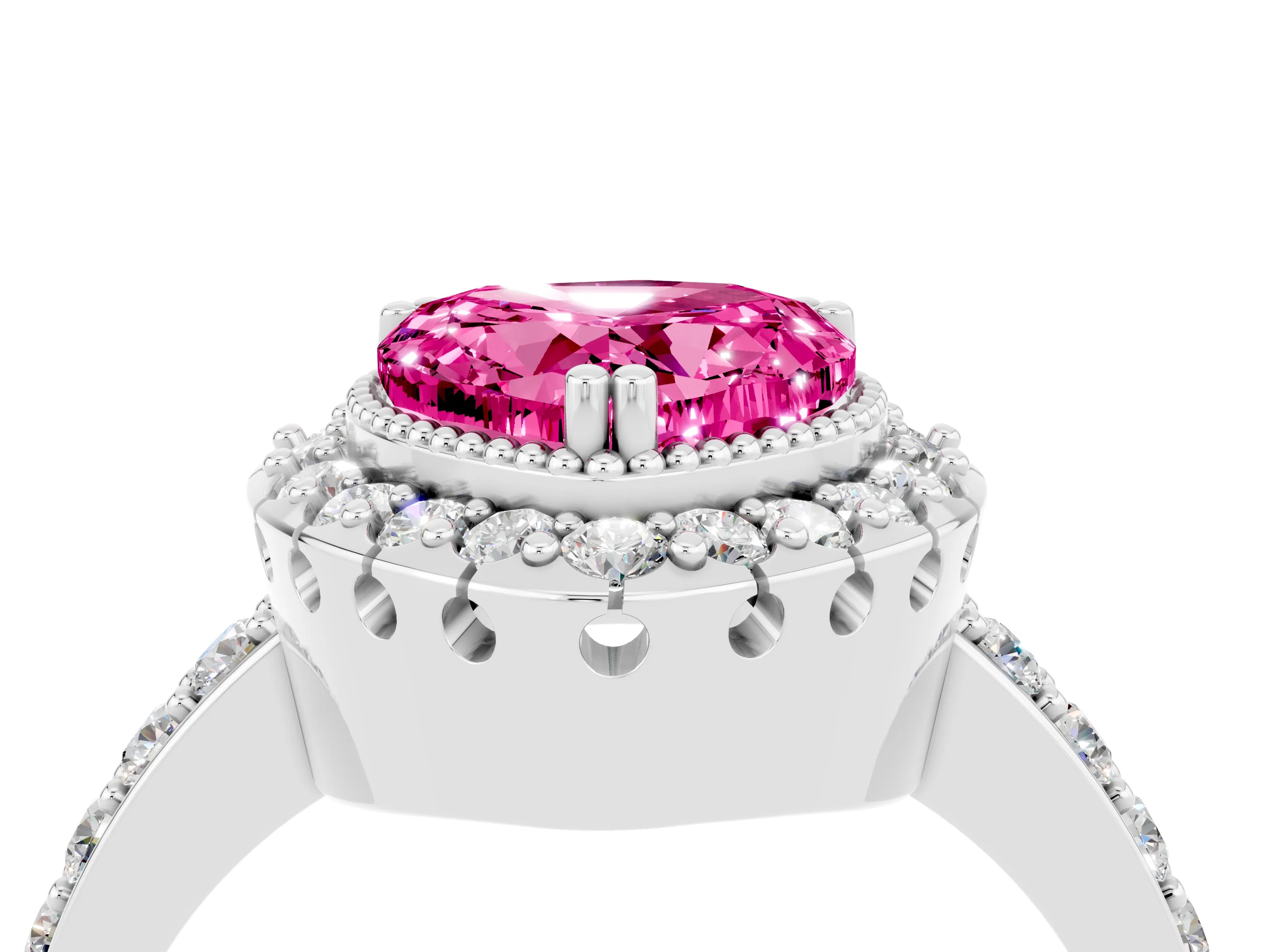 White gold Heart Cut Diamond Halo Ring with Pavé Band and Prong Setting_4