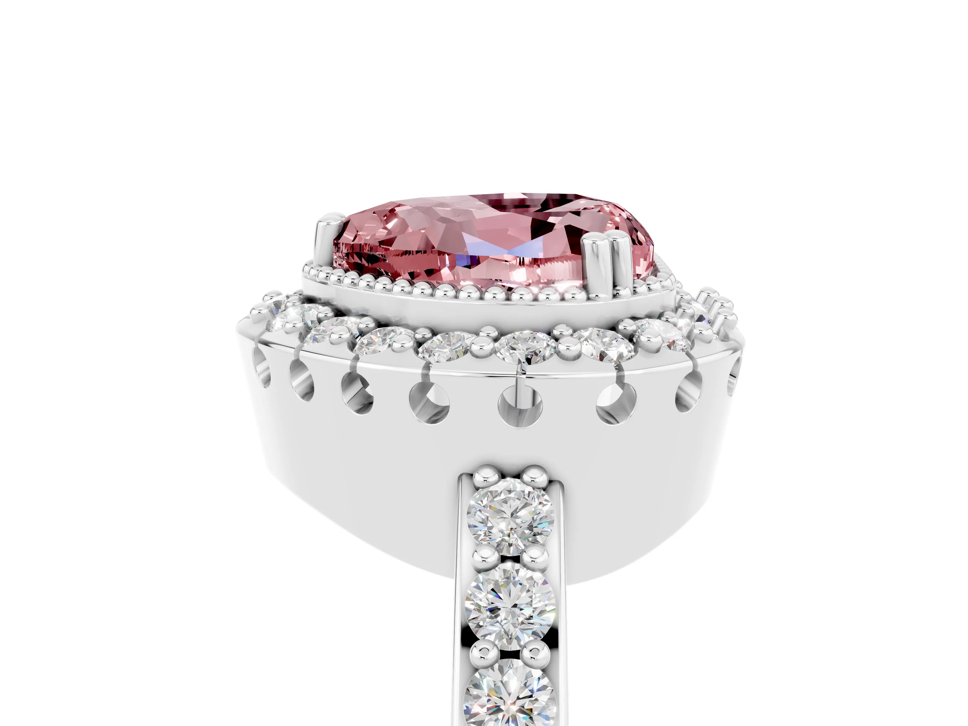 White gold Heart Cut Diamond Halo Ring with Pavé Band and Prong Setting_5