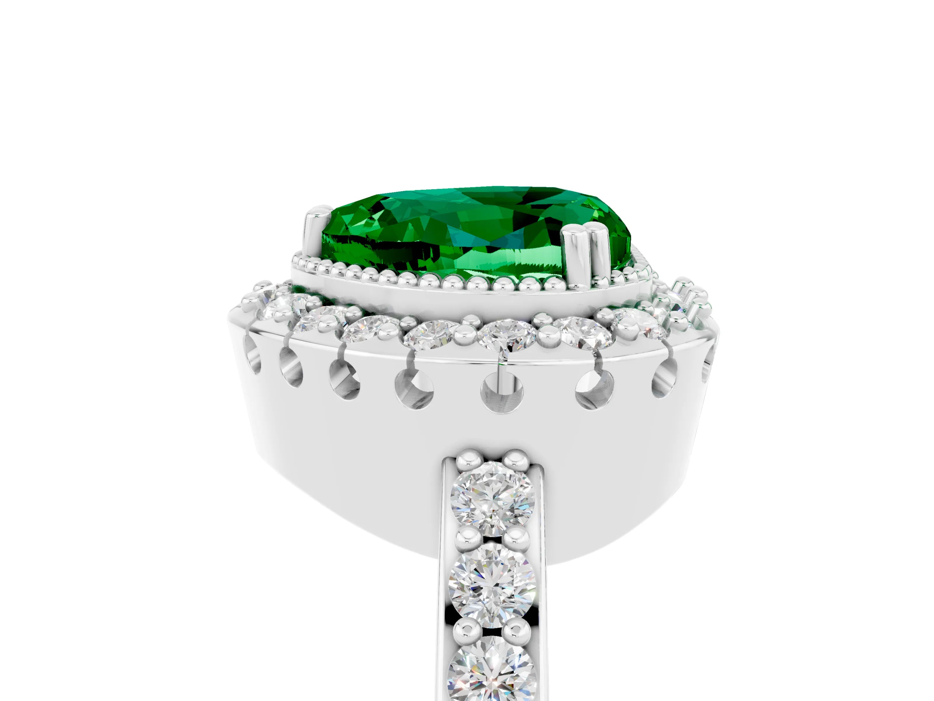White gold Heart Cut Diamond Halo Ring with Pavé Band and Prong Setting_5