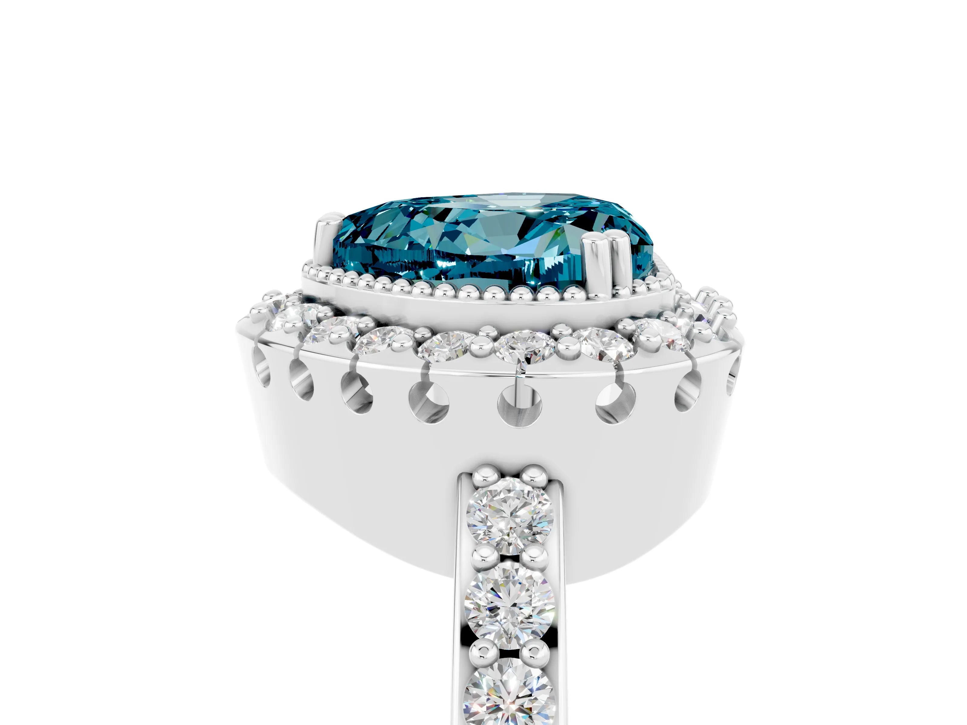 White gold Heart Cut Diamond Halo Ring with Pavé Band and Prong Setting_5