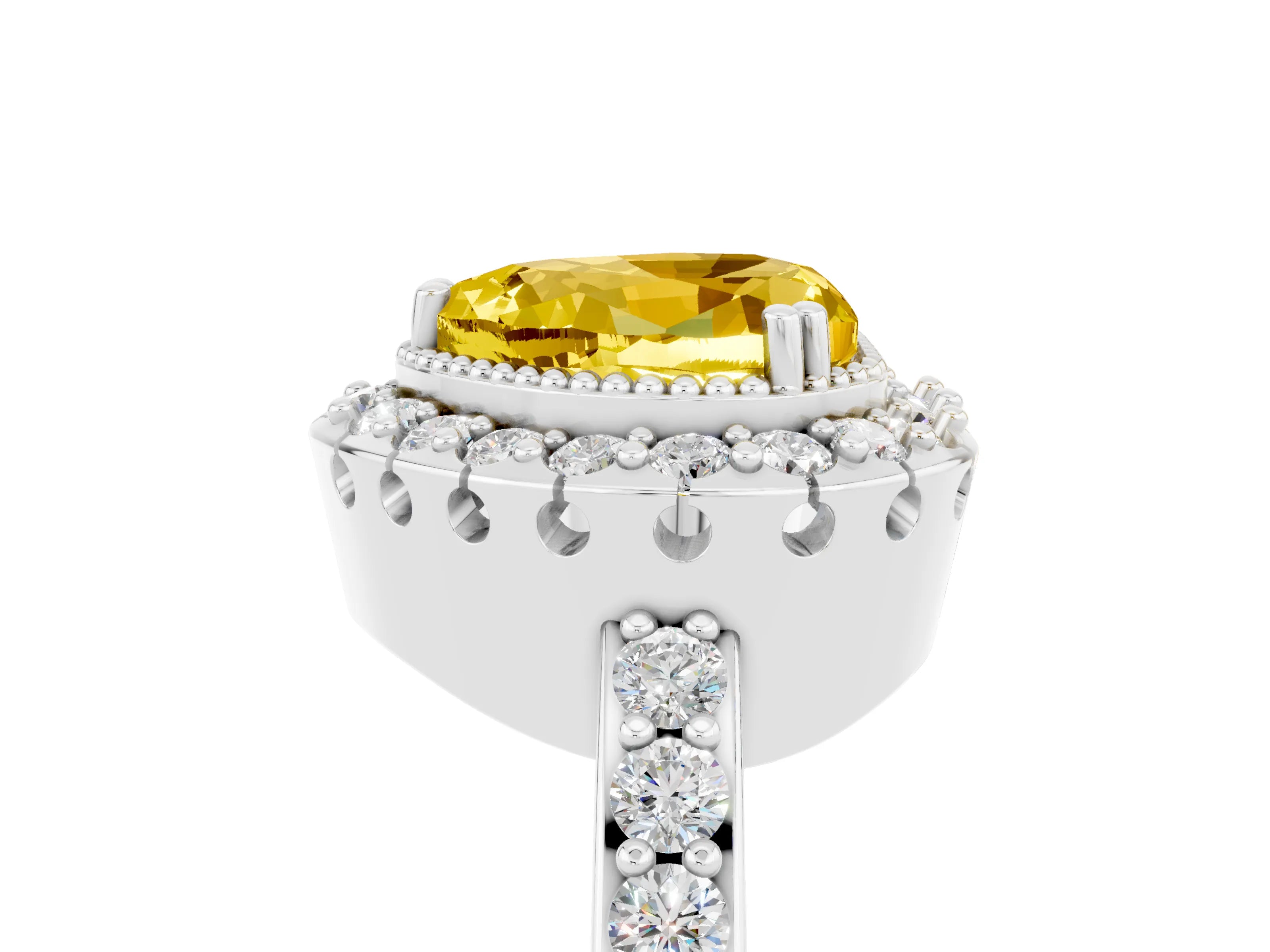 White gold Heart Cut Diamond Halo Ring with Pavé Band and Prong Setting_5