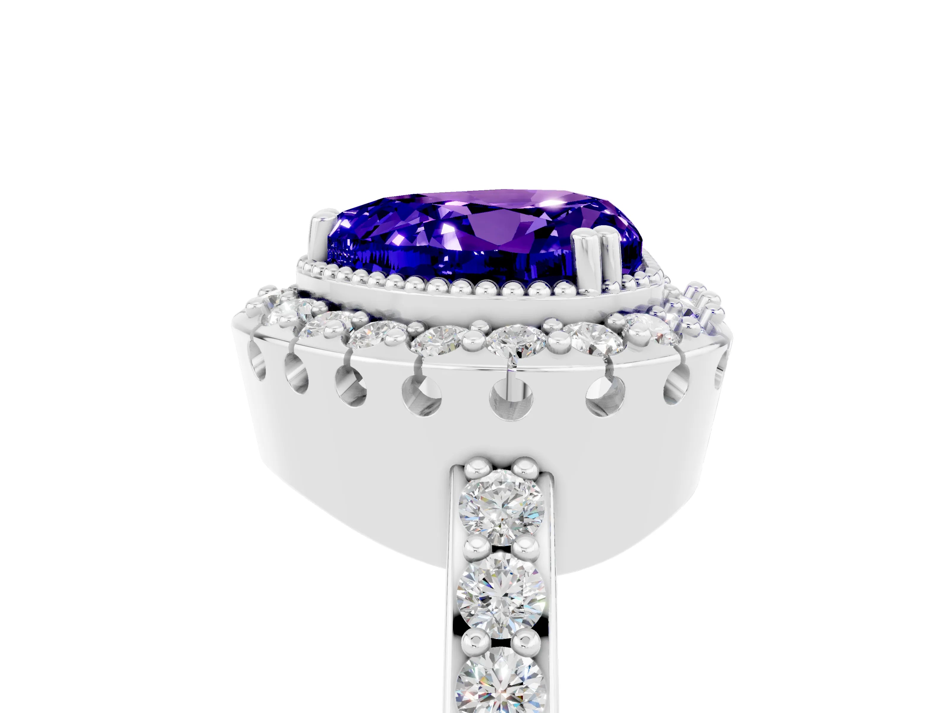White gold Heart Cut Diamond Halo Ring with Pavé Band and Prong Setting_5