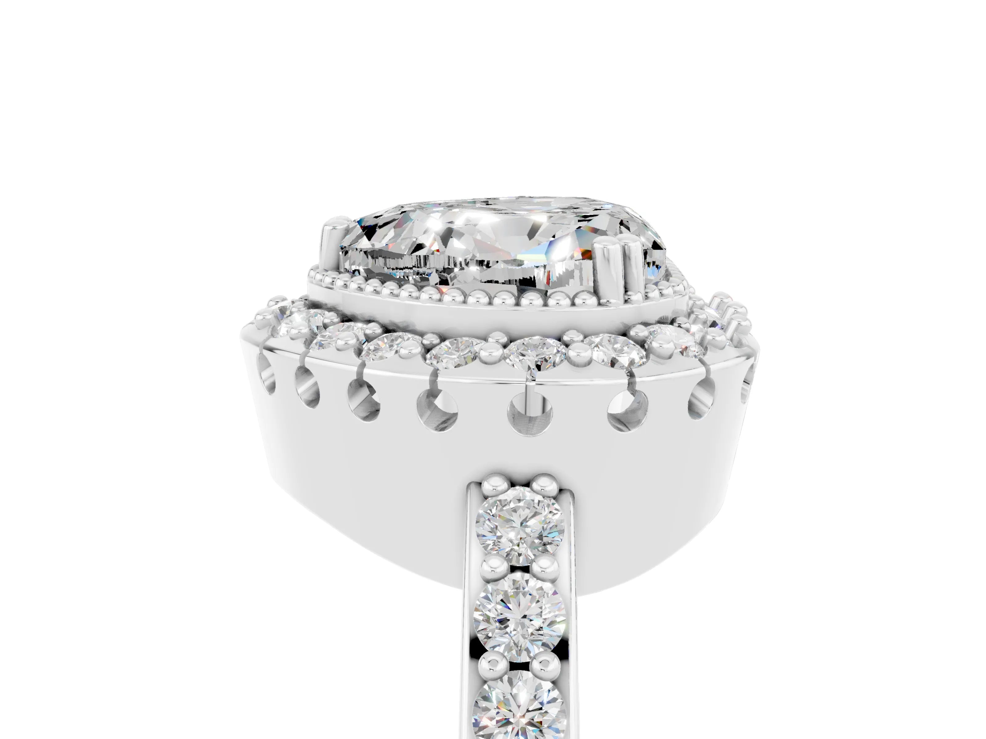 White gold Heart Cut Diamond Halo Ring with Pavé Band and Prong Setting_5