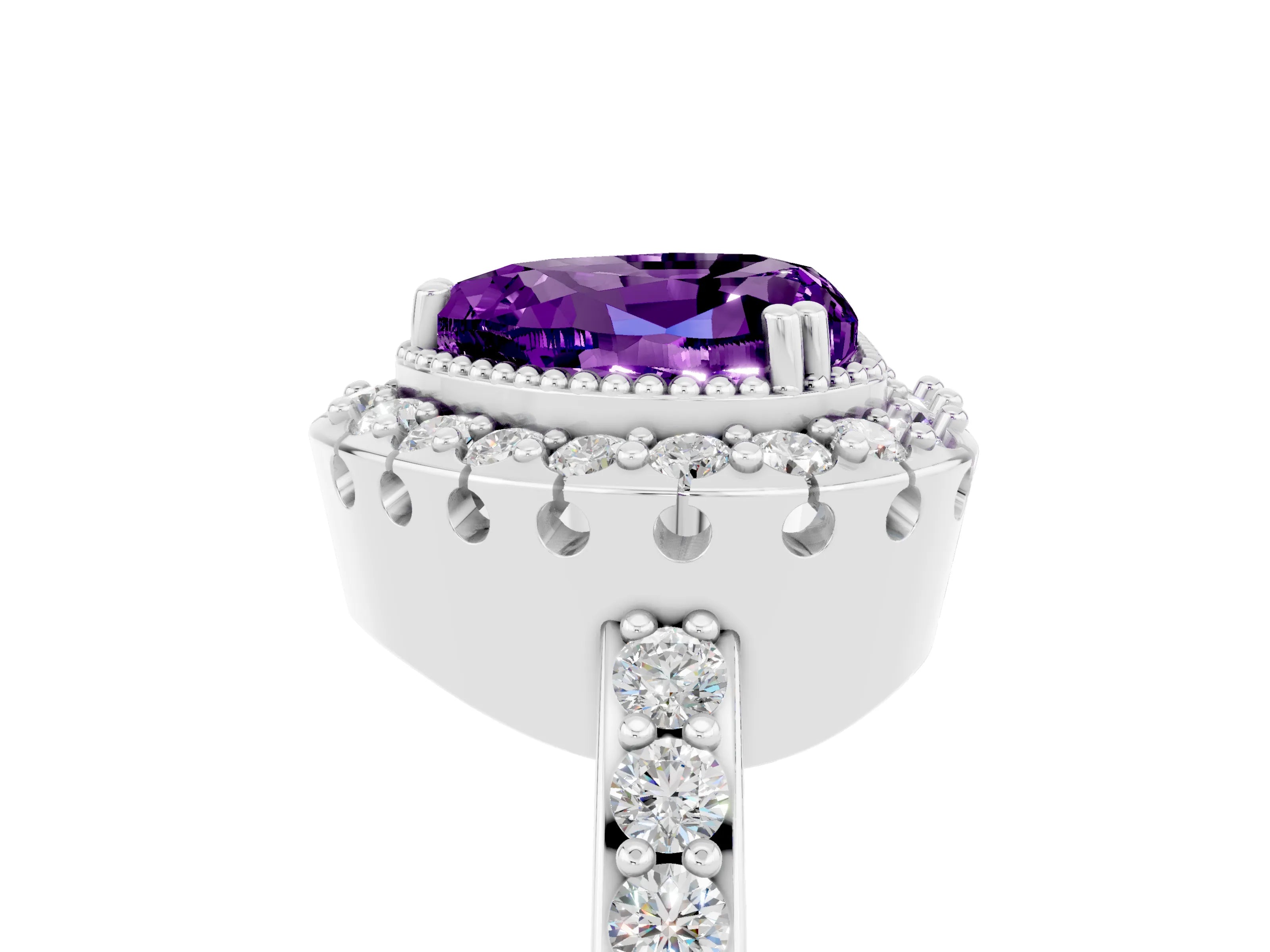 White gold Heart Cut Diamond Halo Ring with Pavé Band and Prong Setting_5