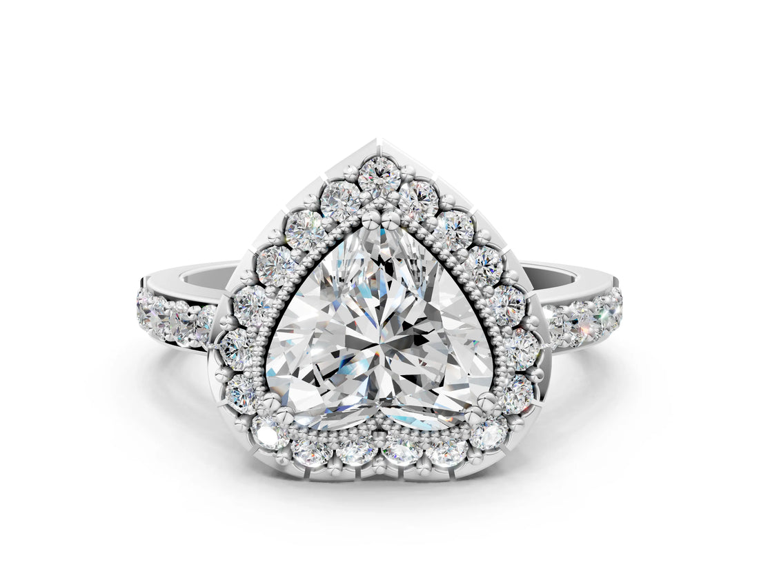 White gold Heart Cut Diamond Halo Ring with Pavé Band and Prong Setting_7