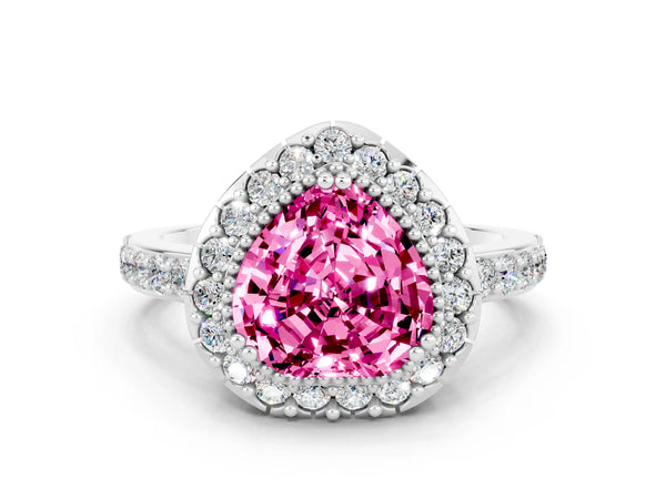 Platinum Heart Cut Pink Sapphire Halo Ring with Pavé Band and Prong Setting