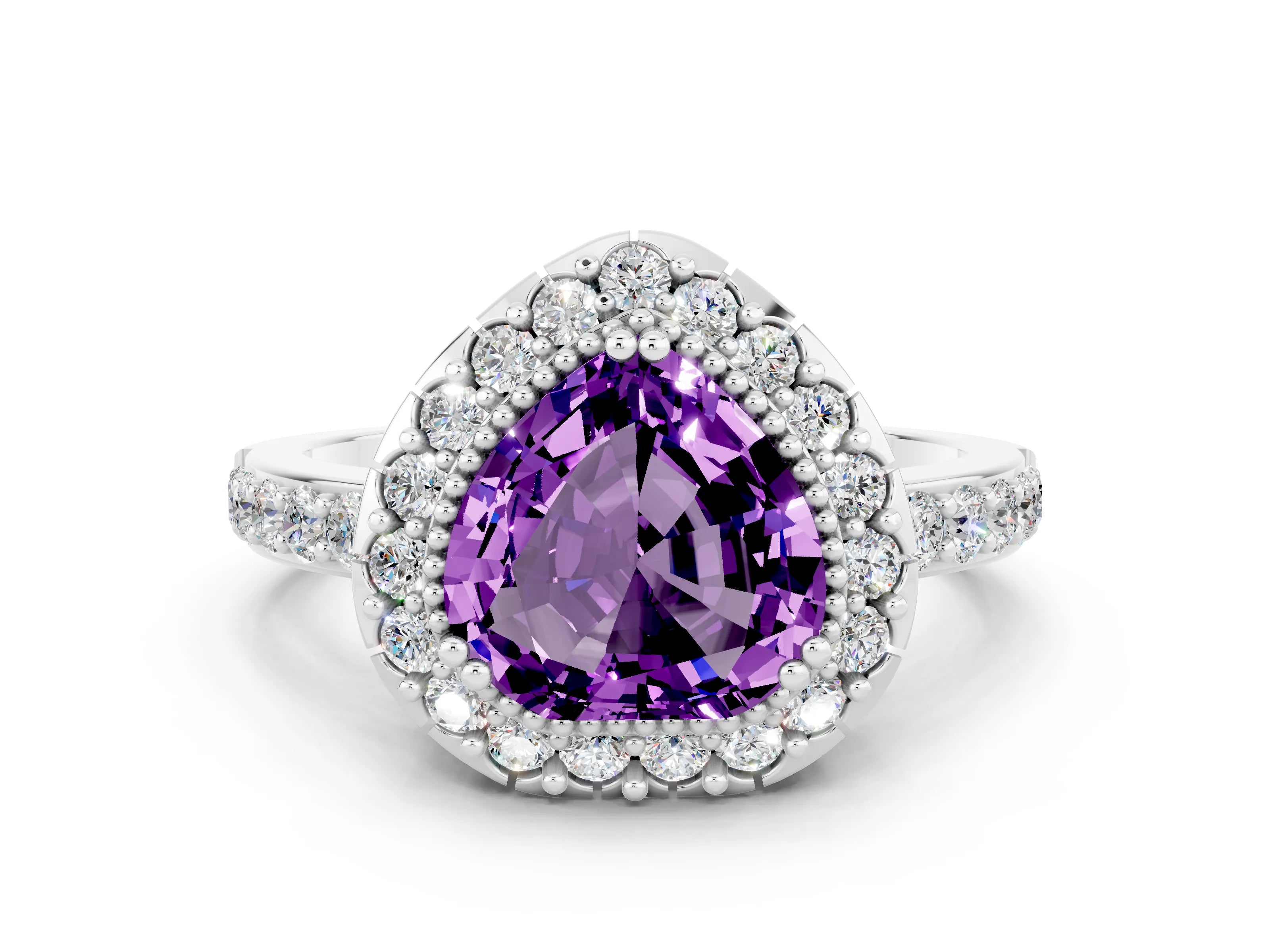 White gold Heart Cut Diamond Halo Ring with Pavé Band and Prong Setting