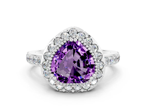 Silver Heart Cut Amethyst Halo Ring with Pavé Band and Prong Setting