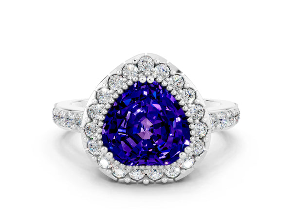 Platinum Heart Cut Tanzanite Halo Ring with Pavé Band and Prong Setting