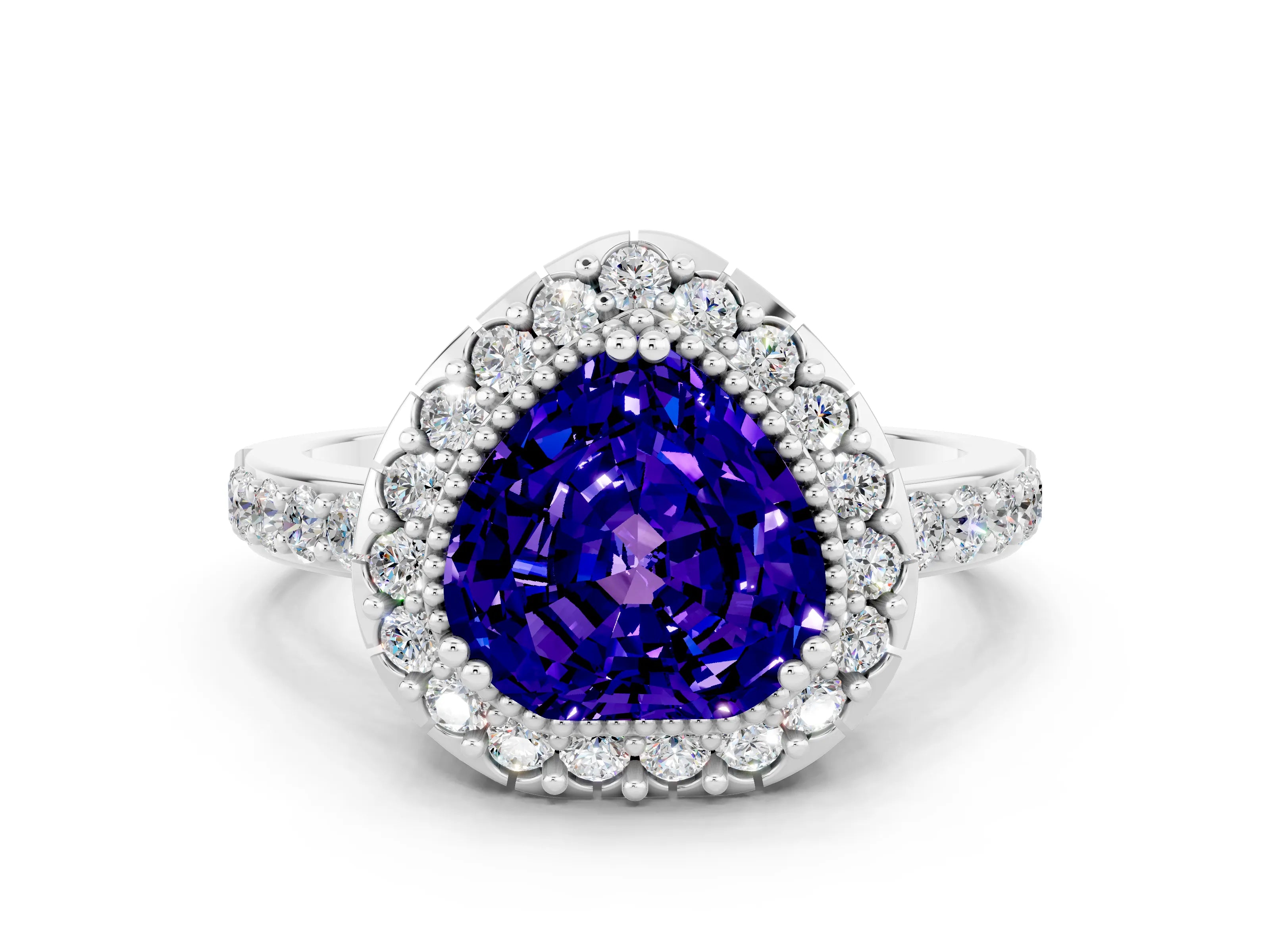 White gold Heart Cut Diamond Halo Ring with Pavé Band and Prong Setting