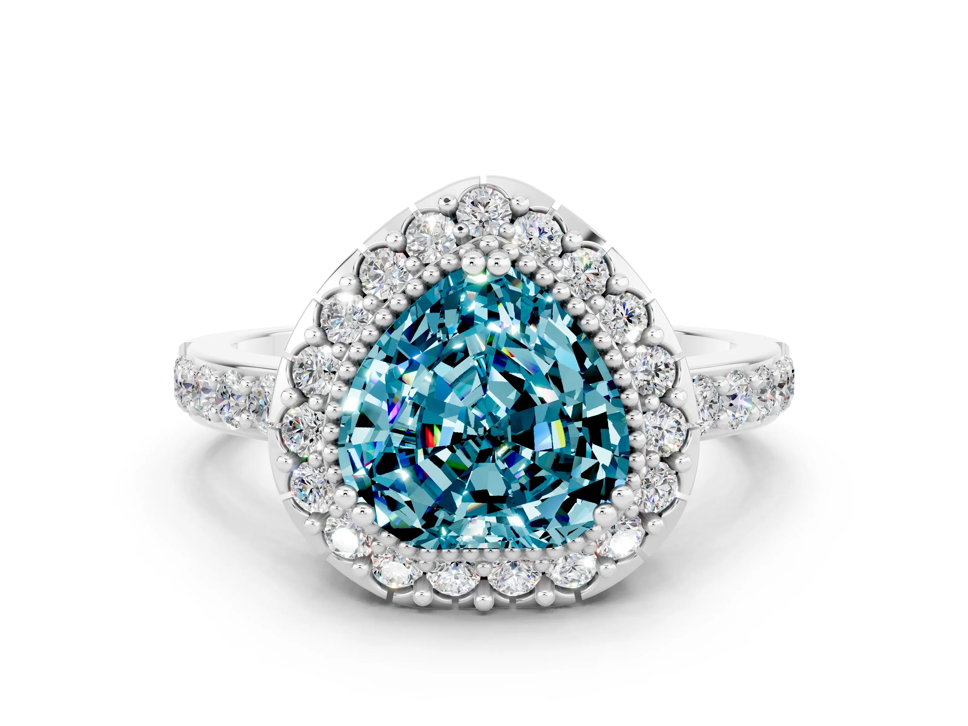 White gold Heart Cut Diamond Halo Ring with Pavé Band and Prong Setting