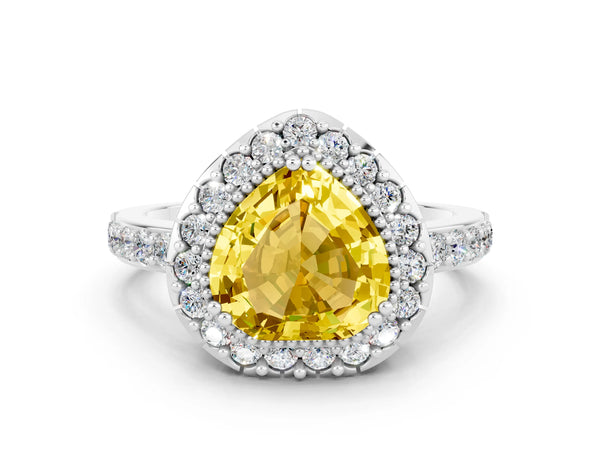 White gold Heart Cut Yellow Sapphire Halo Ring with Pavé Band and Prong Setting