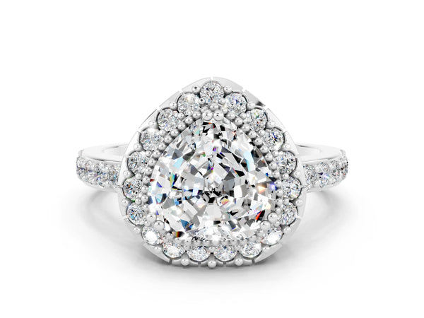Platinum Heart Cut Moissanite Halo Ring with Pavé Band and Prong Setting
