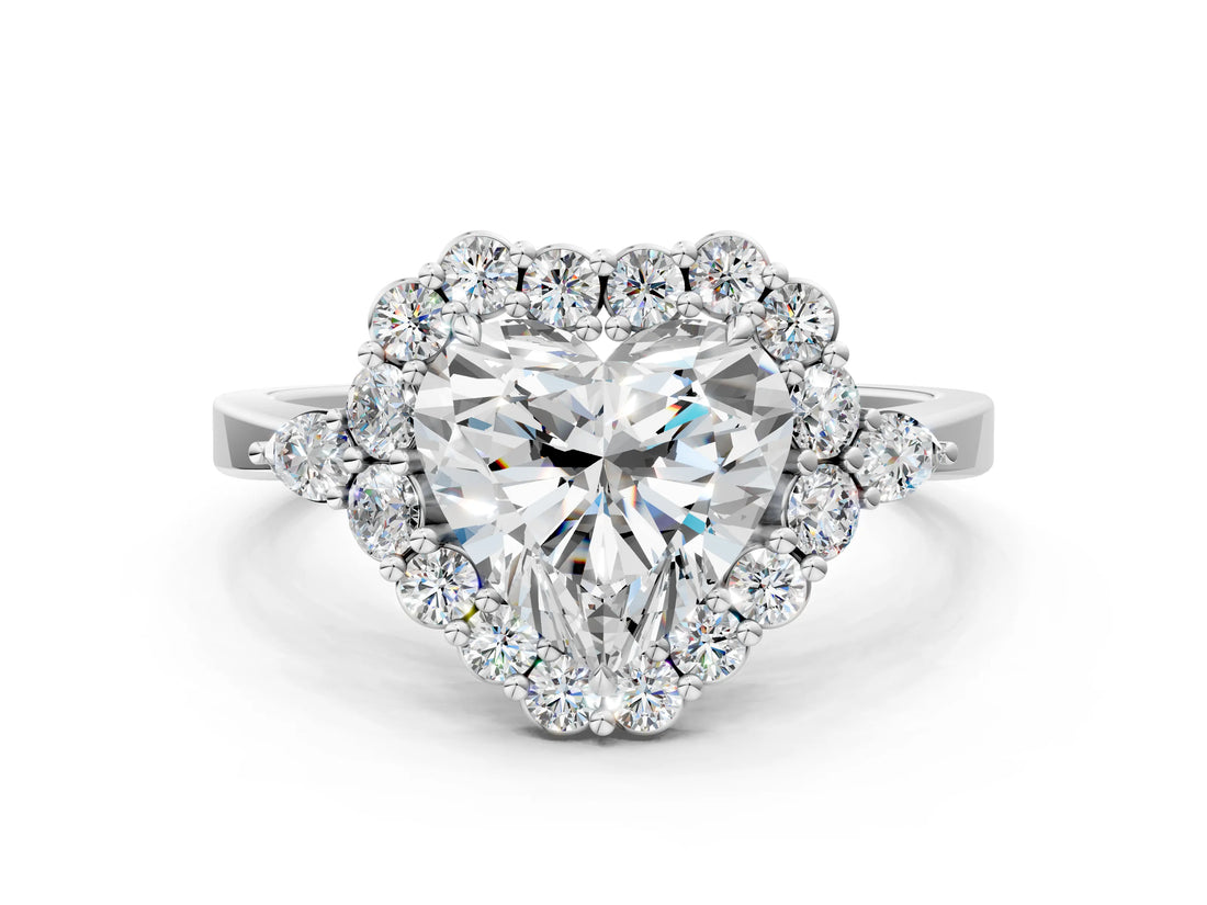 White gold Heart Cut Diamond Halo Ring with Pear Side Stones and Prong Setting_73