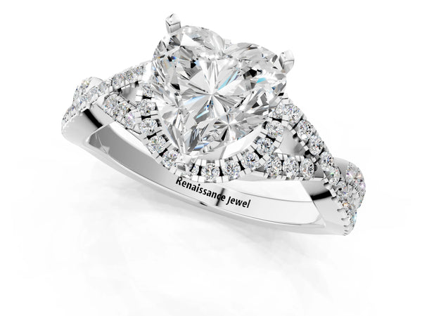 White gold Heart Cut Diamond  Halo Twist Band Solitaire Prong Setting Ring