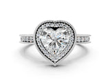 White gold Heart Cut Diamond Milgrain Halo Engagement Ring with Round Pavé Band and Prong Setting_27