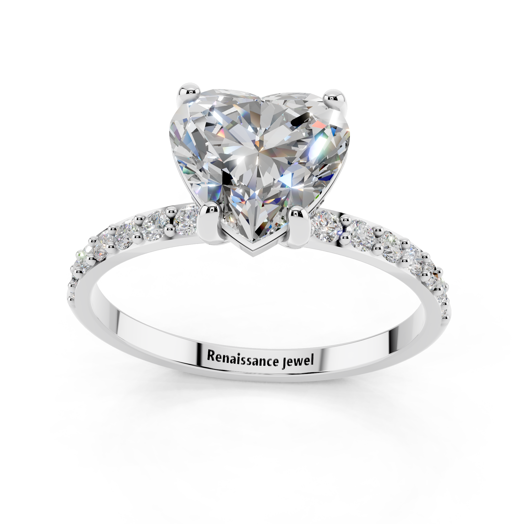 White gold Heart Cut Diamond Pavé Band Solitaire Ring with Four-Prong Setting_9