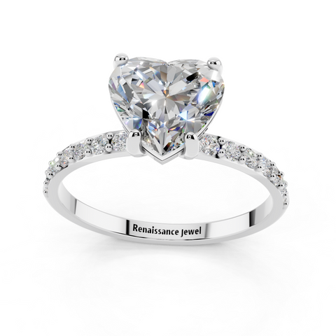 White gold Heart Cut Diamond Pavé Band Solitaire Ring with Four-Prong Setting_9
