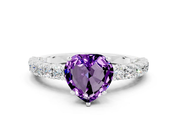 Silver Heart Cut Amethyst Solitaire Ring with Round Accent Pavé Band and Prong Setting
